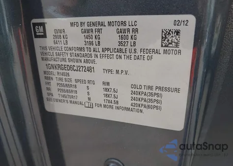 2012 Chevrolet Traverse 1Lt z USA, uszkodzony, nr VIN 1GNKRGED6CJ272481